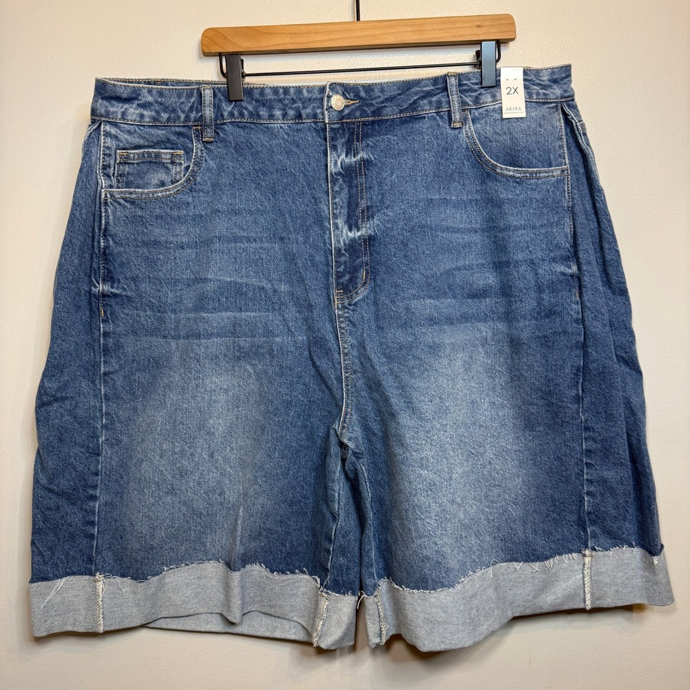 Akira Women's Plus 2X Medium Blue Denim Cuffed Raw Hem Bermuda Shorts NWT
